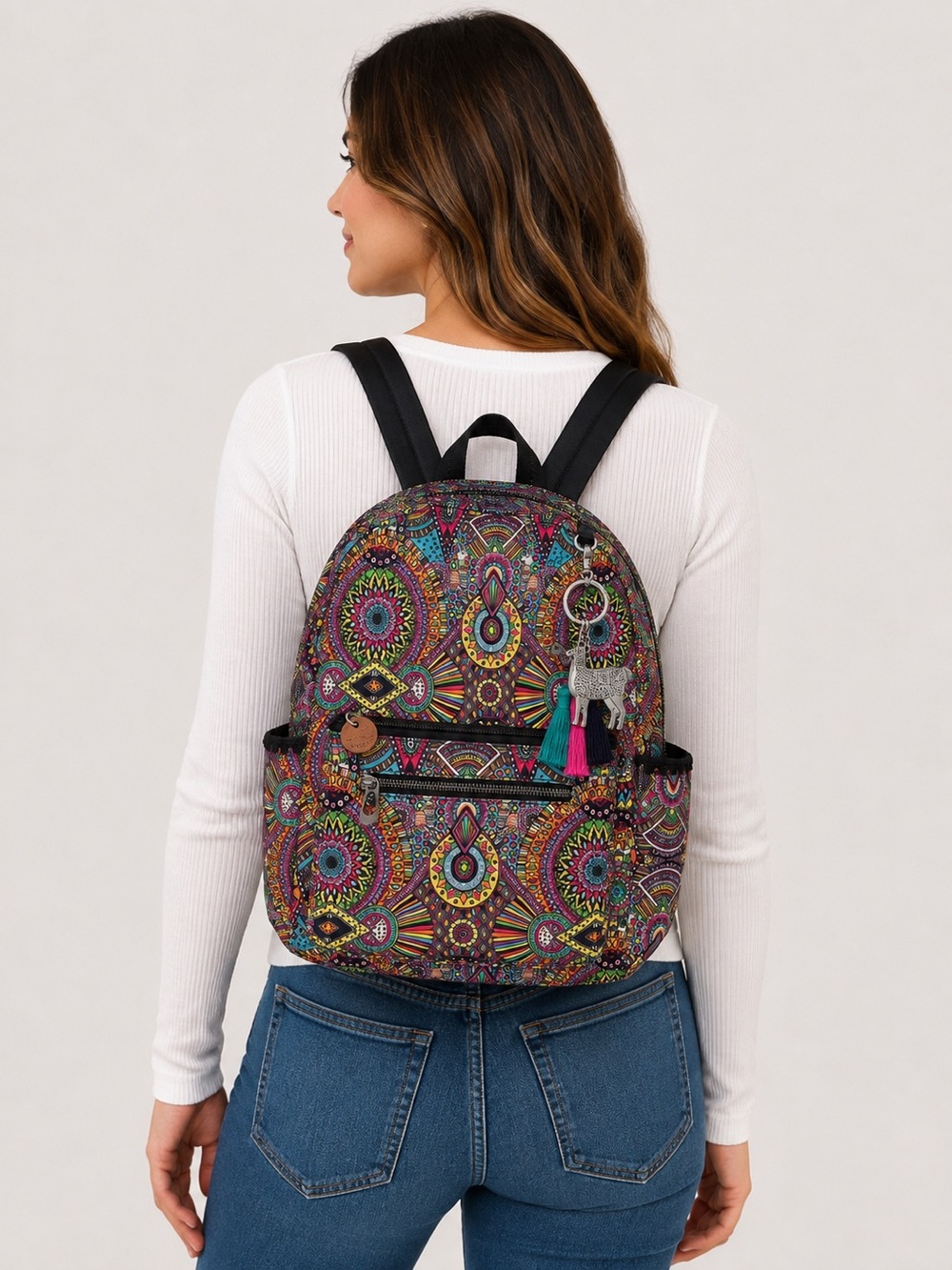 Sakroots Colorful Mandala Print Backpack Travel Daypack Llama Charm